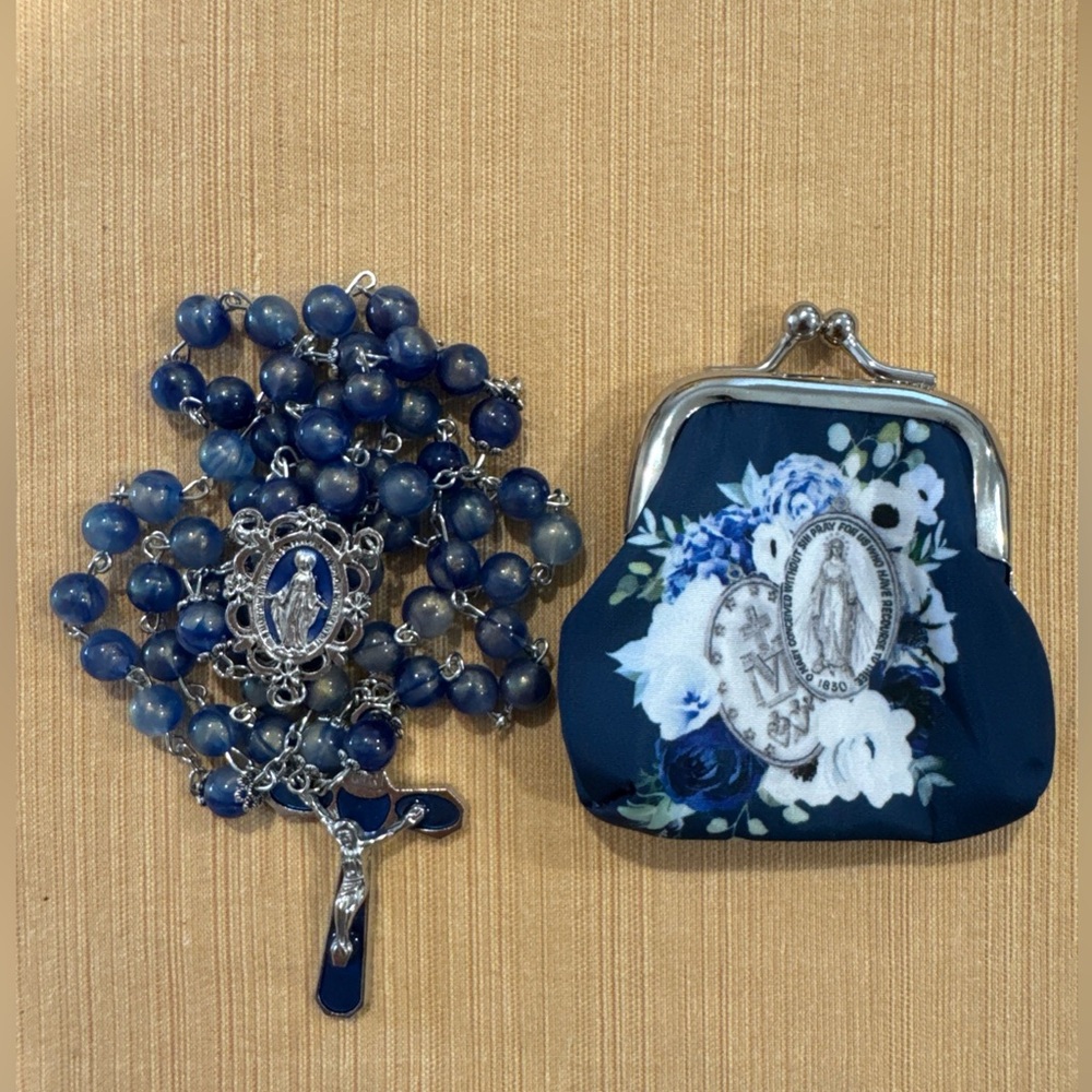 Miraculous Medal Blue Swirl Rosary Beads with matching Floral rosary Pouch new!